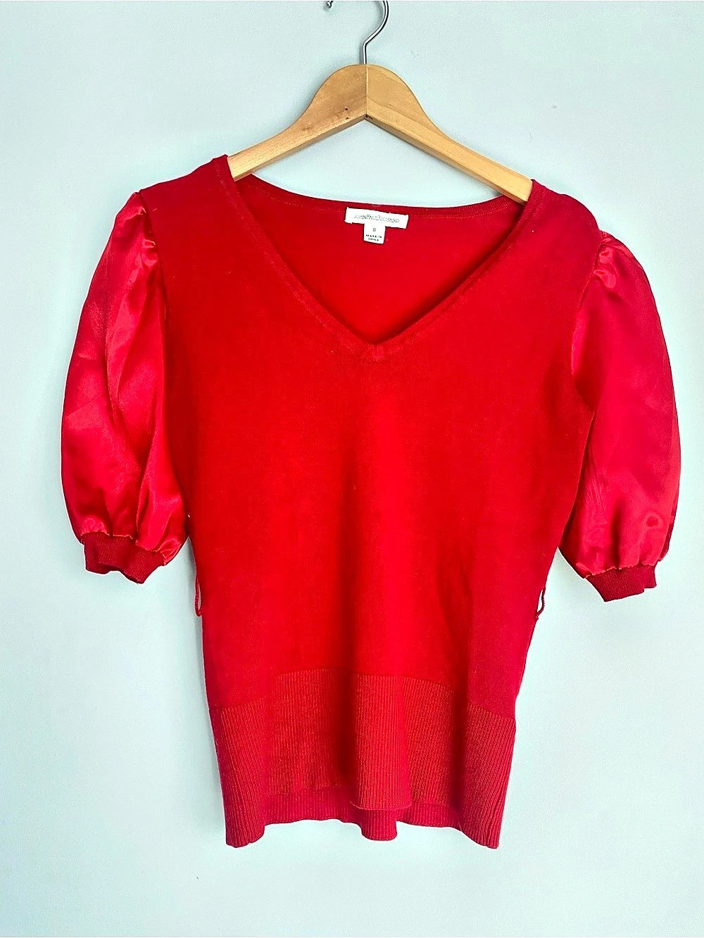 Y2K Luxe John Paul Richard Red Business V-Neck Silky Puff Sleeve Blouse